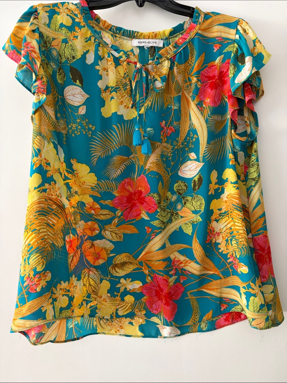 Rose & Olive Teal Tropical Floral Ruffle Sleeve Blouse